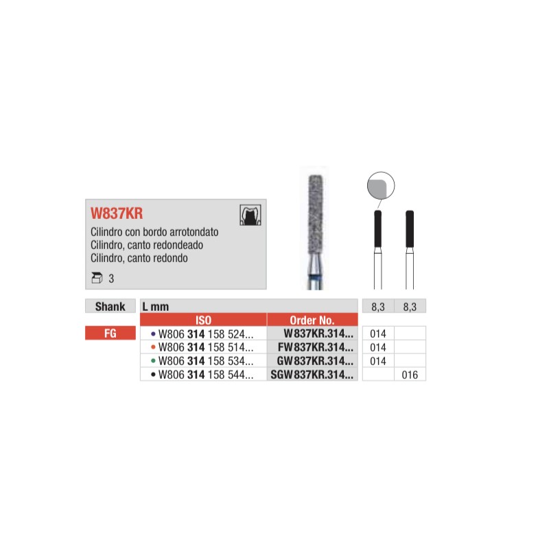 FW837KR-FG Fresa diamantada WHITE TIGER en forma de cilindro canto redondeado