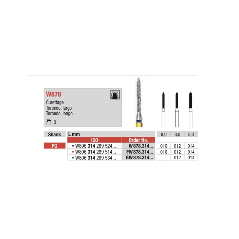 W878K-FG Fresa diamantada WHITE TIGER en forma de Torpedo cónico