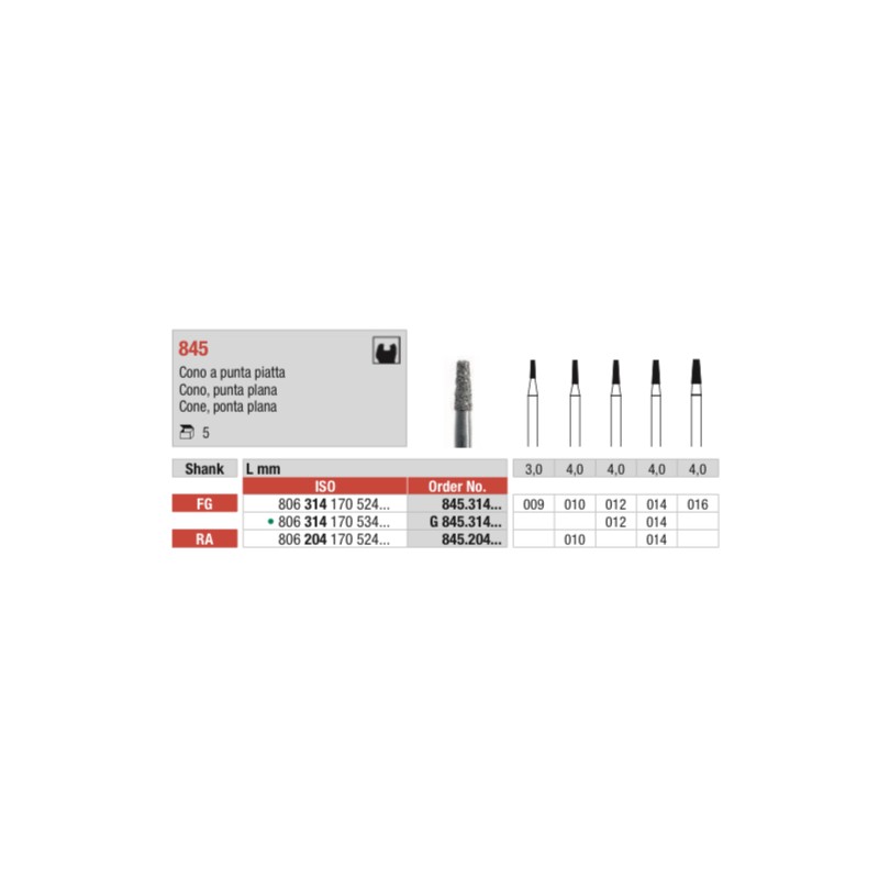 G845-FG Fresa diamantada grano grueso cono con punta plana