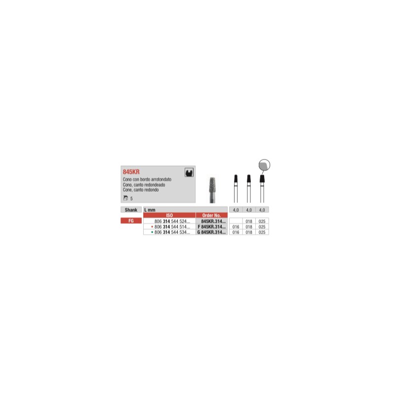 G845KR-FG Fresa diamantada grano grueso en forma de cono con canto redondo.