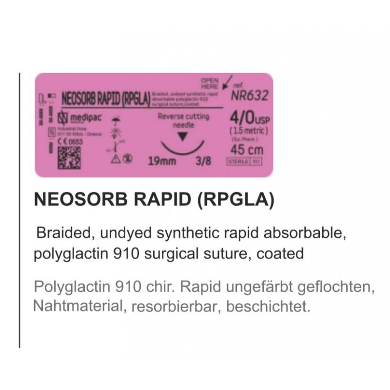 Sutura neosorb rapid 6/0 con aguja triangular 12mm, 45cm caja de 24 unidades