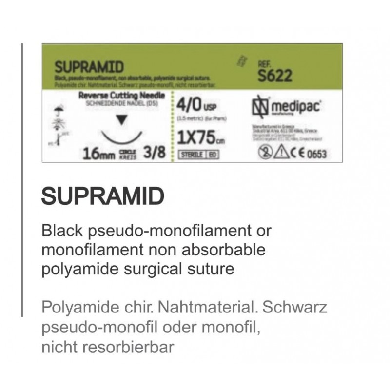 Sutura supramid 4/0 con aguja triangular 19mm, 75cm caja de 24 unidades