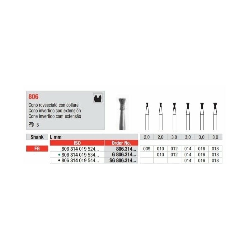 806-FG Fresa diamantada cono invertido grano medio con extension