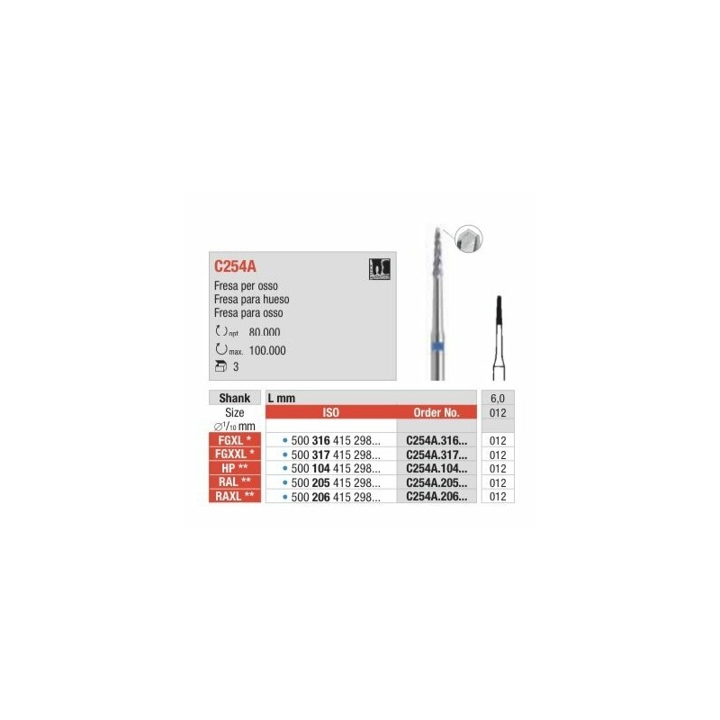 C254A-FGXL Fresa extra larga  para hueso