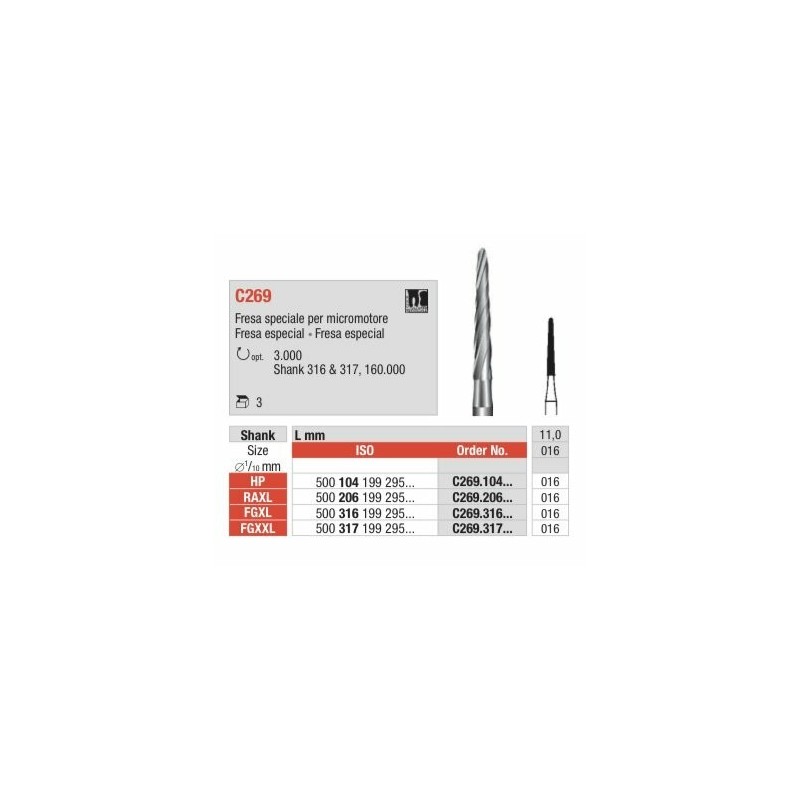 C269-016-RAXL Fresa especial para micromotor extra larga para hueso