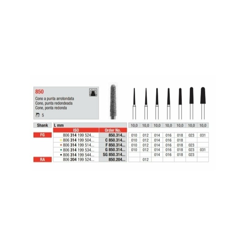 C850-FG Fresa diamantada grano super fino en forma de cono con punta redondeada