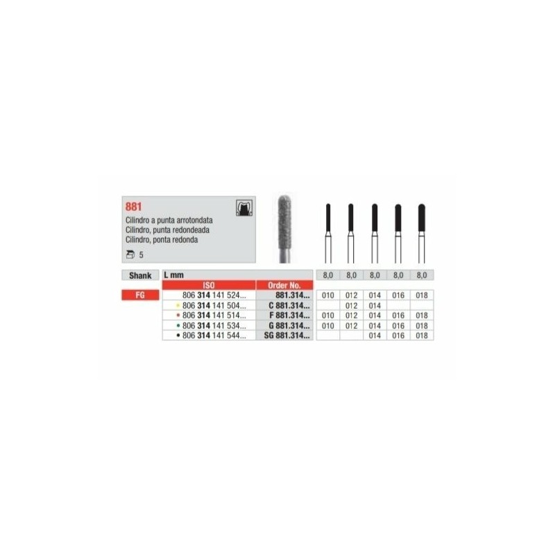 C881-FG Fresa diamantada grano super fino forma de cilindro con punta redondeada