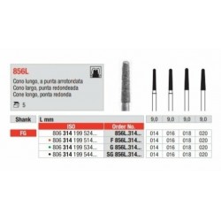 F856L-FG Fresa diamantada grano fino en forma de cono largo con punta redondeada