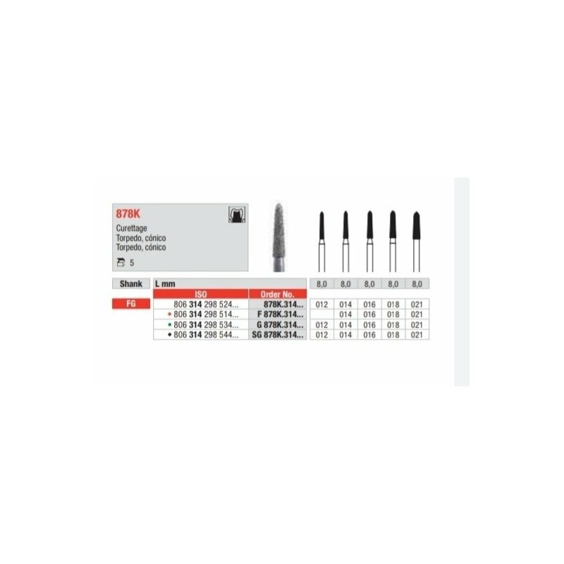 F878K-FG Fresa diamantada grano fino  en forma de torpedo conico