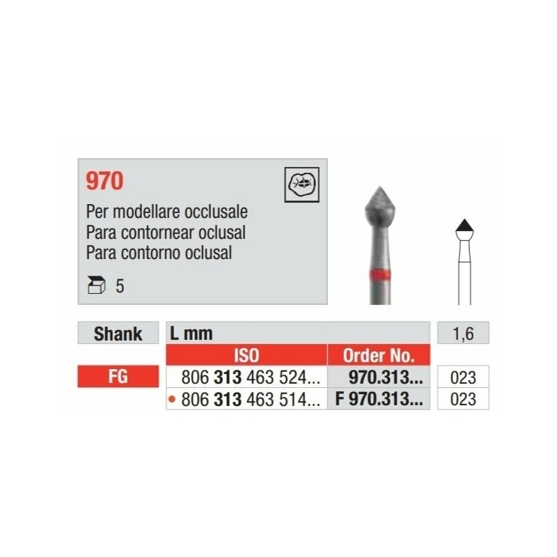 F970-FG Fresa diamantada grano fino  para contornear caras oclusares.