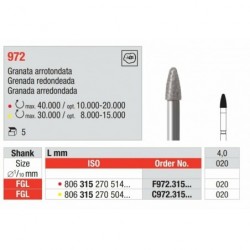 F972-FGL Fresa diamantada grano fino en forma de grana redondeada.