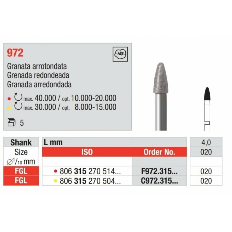 F972-FGL Fresa diamantada grano fino en forma de grana redondeada.