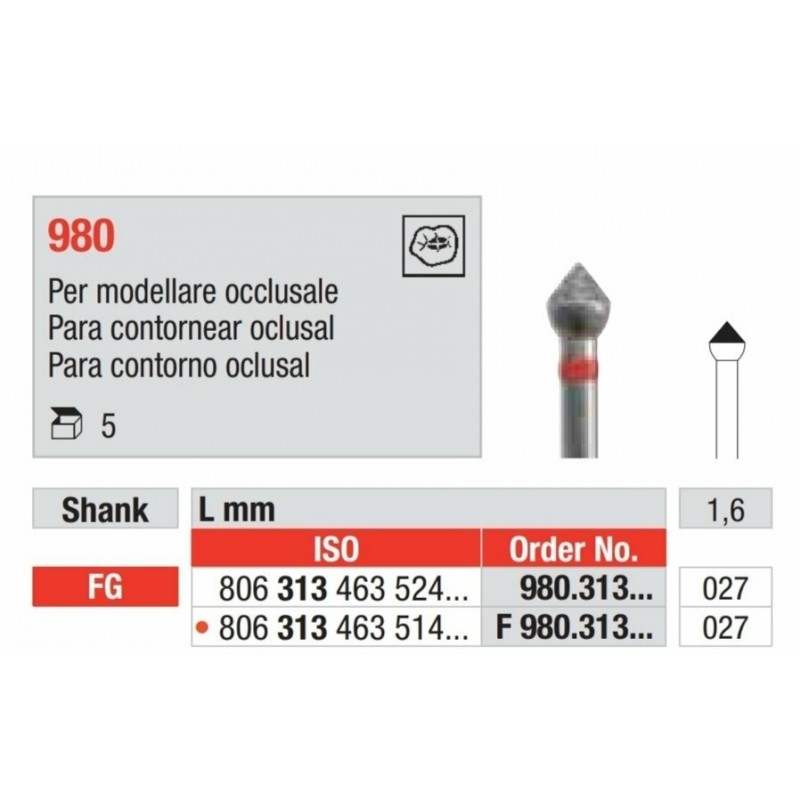 F980-FG Fresa diamantada grano fino  para contornear caras oclusares.