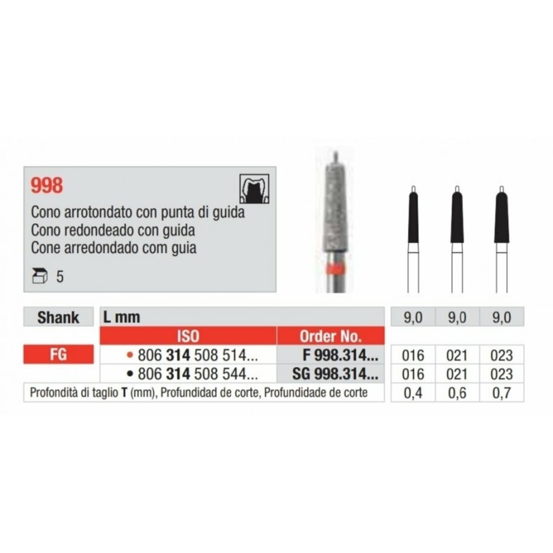 F998-FG Fresa diamantada grano fino con forma de cono redondeado con guia