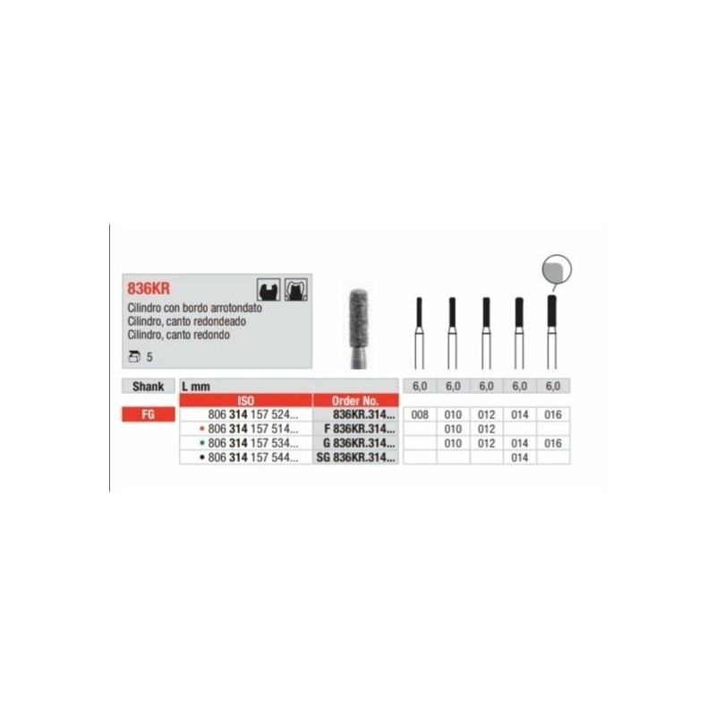 G836KR-FG Fresa diamantada grano grueso cilÃ­ndrica con canto redondo