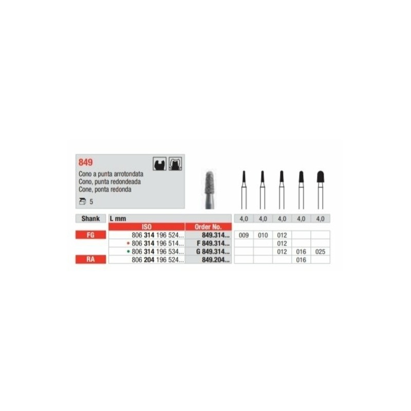 G849-FG Fresa diamantada grano grueso en forma de cono con punta redondeada