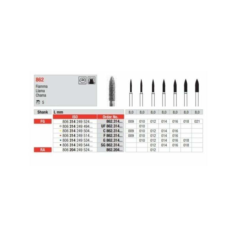 G862-FG Fresa diamantada grano  grueso en forma de llama