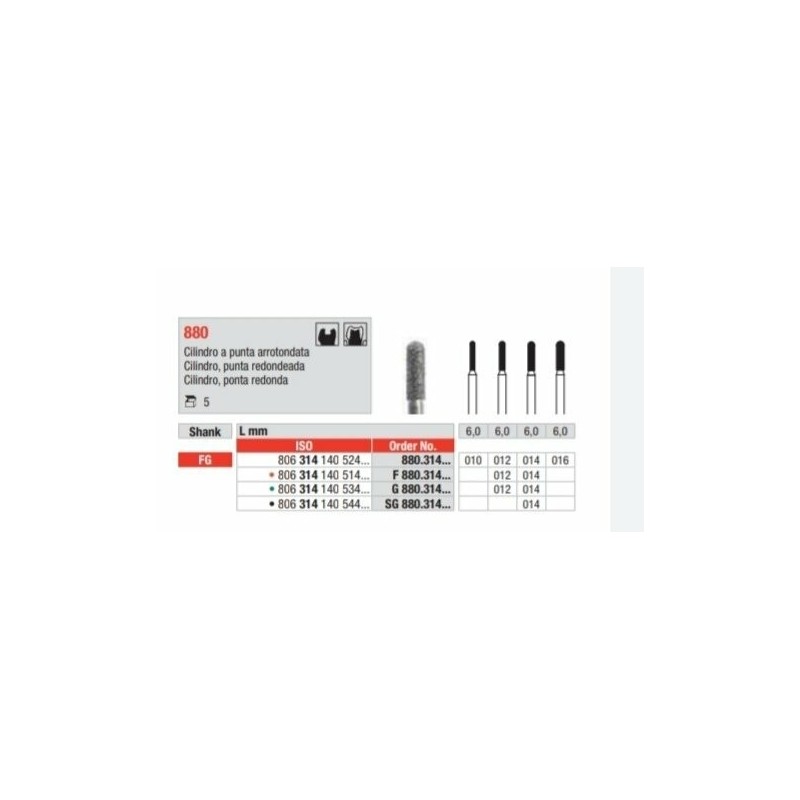G880-FG Fresa diamantada grano grueso   forma de cilindro con punta redondeada