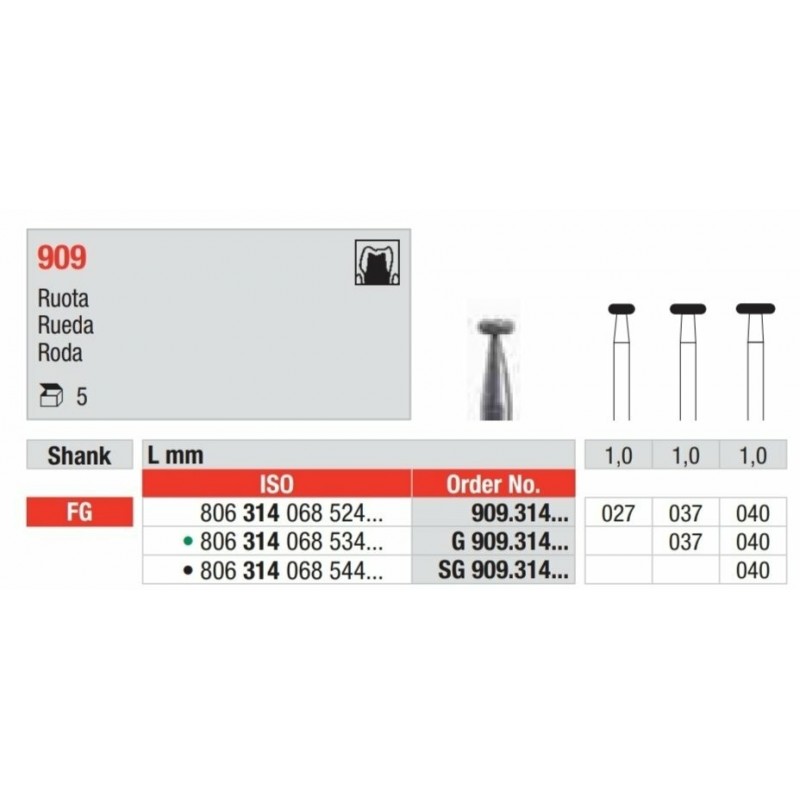 G909-FG Fresa diamantada grano grueso  con forma de rueda.
