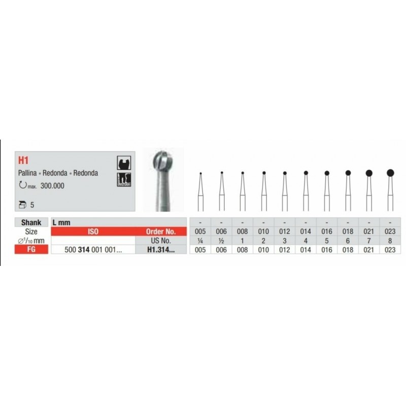 H1-FG Fresa bola en carburo de tungsteno para cavidades y raices